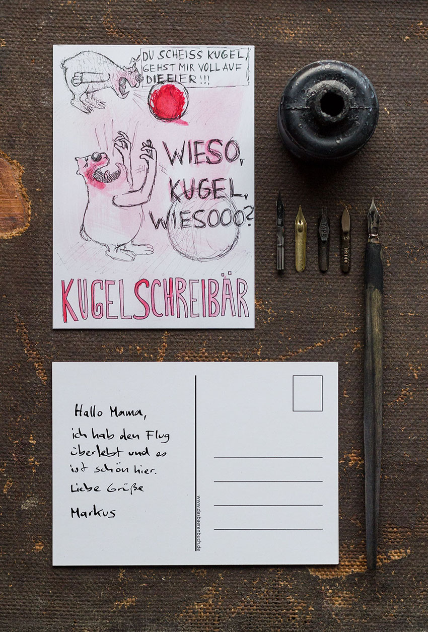 Das Bärenbuch Postkarte Kugelschreibär - Das Bärenbuch, lustige Wortwitze mit Bären im Cartoon und Comicstil von Künstler, Illustrator und Autor Markus Wülbern